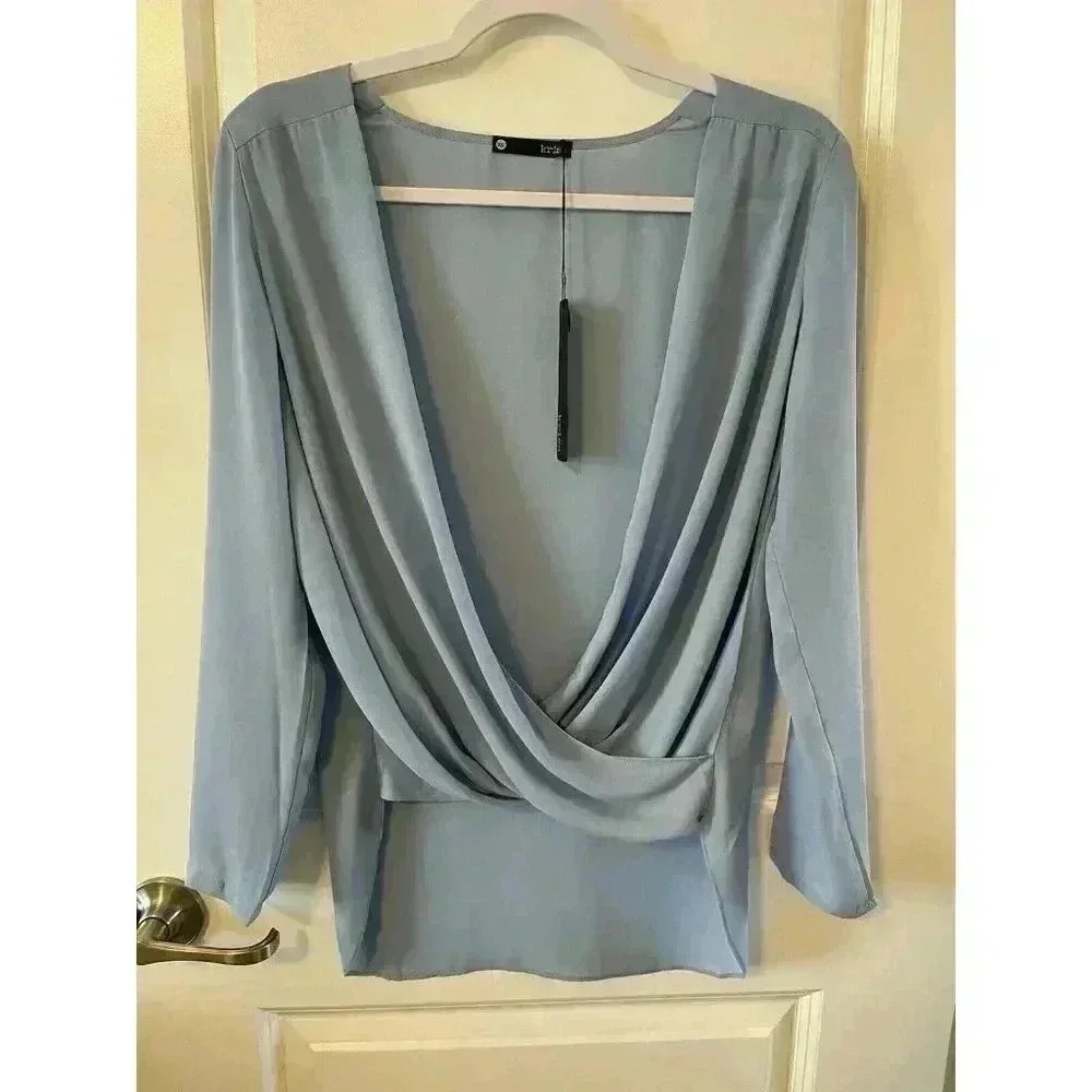 NWT Krisa Womens Light Blue V-Neck Faux Wrap Long Sleeve Blouse Top Size XS